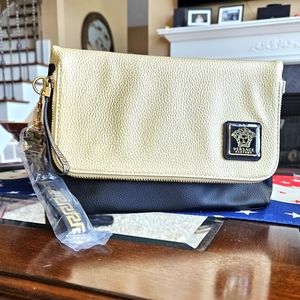 NWOT Versace Parfums Promo Black & Gold Metallic Leather Shoulder Bag